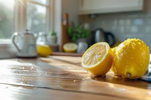 Two fresh lemons cut cleanly in half, juicy interior fully visible with detailed pulp and droplets of fresh citrus juice