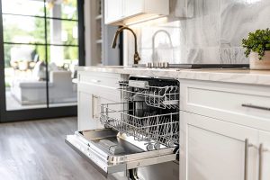 a modern open dishwasher in a standard American kitchen