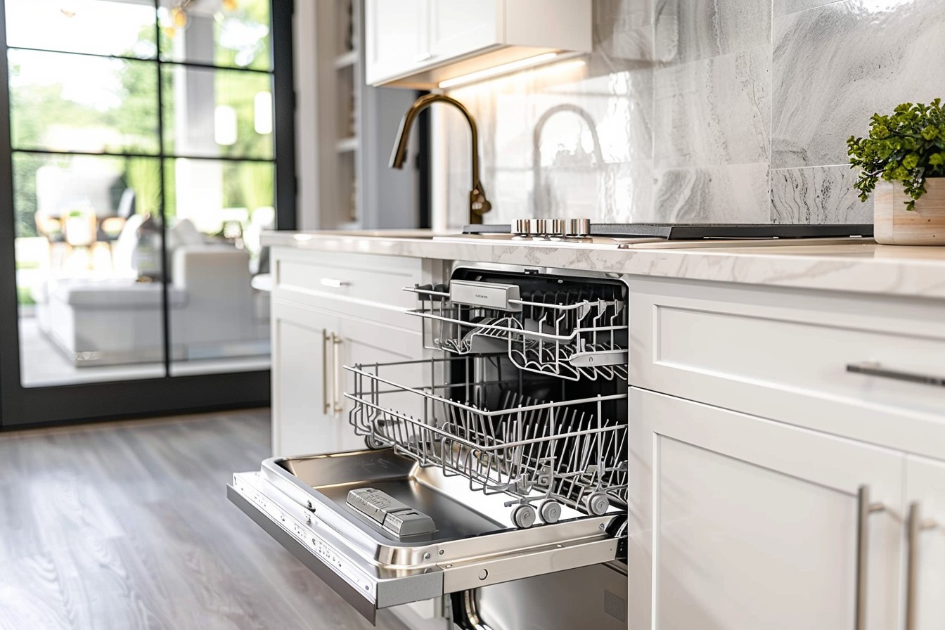 a modern open dishwasher in a standard American kitchen